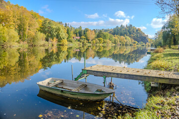 Beautiful views of the river Berounka a Wooden boats in the autumn season