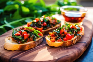 bruschetta with pickled capsicum slices on a leafy serving board - obrazy, fototapety, plakaty