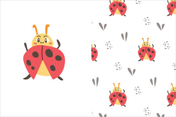 cute baby red bug and pattern on white background