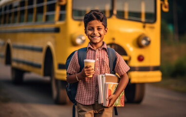 A young boy standing with his school backpack waiting in front of yellow school bus. Generative AI - obrazy, fototapety, plakaty