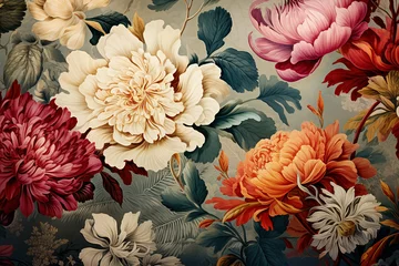 Deurstickers AI Seamless background pattern. Abundance in burgundy and red tones in Full Bloom pattern flowers and leaves. Horizontal format. © elenarostunova