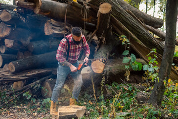 Action shot of the lumberjack in the woods, slicing through logs with a chainsaw, sawdust and smoke filling the air.