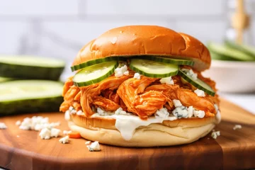 Tuinposter buffalo chicken sandwich with onions and cucumbers © studioworkstock