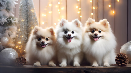 Christmas Canines with Santa Caps,pomeranian puppy on the snow,AI Generative 