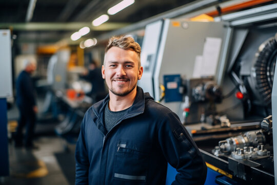 Portrait of smiling male apprentice engineer working with CNC machine in factory