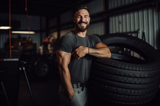 Portrait of smiling mechanic holding tire in auto repair shop