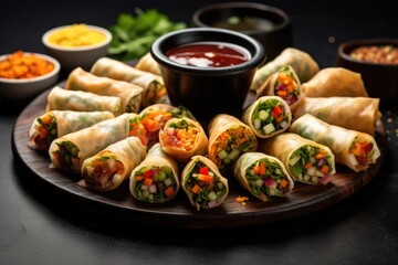 an array of spring rolls with different fillings on a steel plate - obrazy, fototapety, plakaty