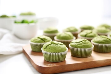 matcha flavored gluten-free muffins on a clean white countertop - obrazy, fototapety, plakaty