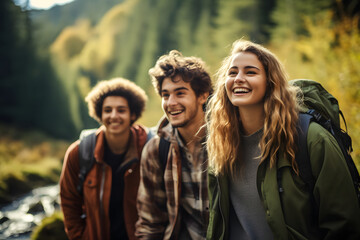 Friends smiling while trekking for a mountain
