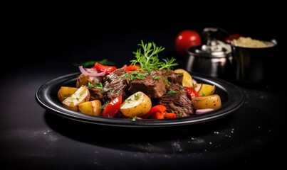 beef with vegetables in a black plate. 