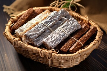 Obraz premium overhead shot of protein bars wrapped in foil lying in a wicker basket