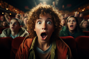 A teenager with curly hair is watching a movie in the cinema, he is very surprised. Emotions and pleasure concept. 