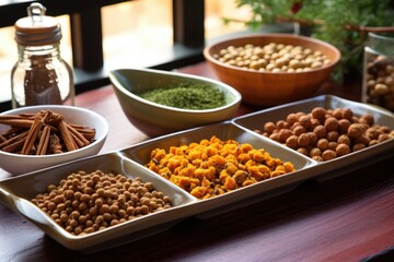 platter of assorted roasted chickpeas on table - obrazy, fototapety, plakaty