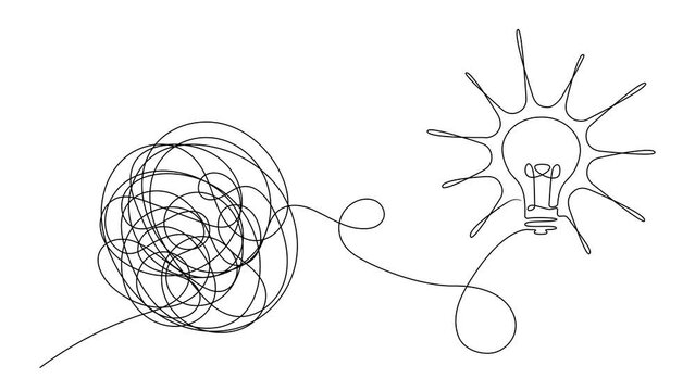 idea generation and collecting thoughts concept, brainstorming continuous single line drawing with complex entangled line unraveling to glowing light bulb, line art animation