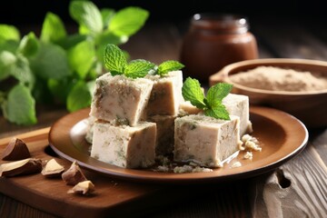 Plate with pieces of tasty halva and mint treat natural. Serving fresh oriental dessert. Generate Ai