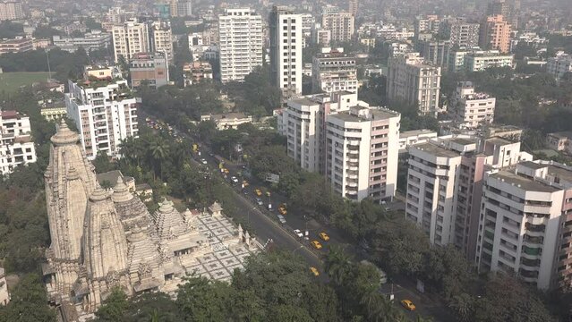 View of the imposing Birla Mandir temple and the skyline of Kolkata, India
