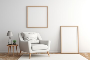 Wall art printing mock-up with a blend of luxurious and minimalistic white sofa