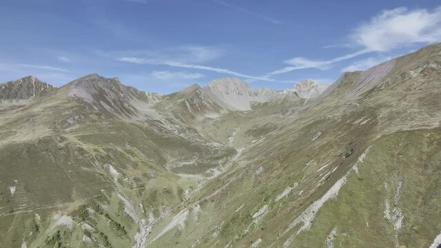 Flight towards Furclette, behind Aroser Rothorn and Piz Mulain, drone image, Alvaneu, Grisons, Switzerland, Europe