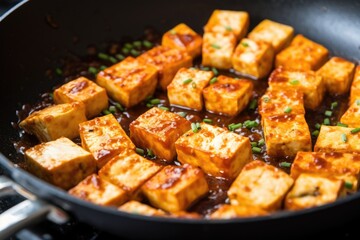 detailed shot of tofu browning in a pan