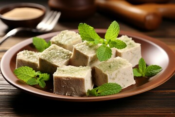 Plate with pieces of tasty halva and mint natural halva. Cook kitchen sweet dessert. Generate Ai
