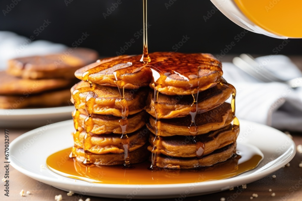 Wall mural vegan sweet potato pancakes with maple syrup dripping down the side