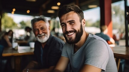 Senior father spending time with his adult son have a happy feeling together - obrazy, fototapety, plakaty