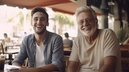 Senior father spending time with his adult son have a happy feeling together