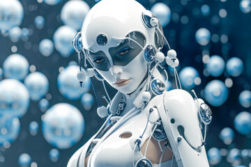 Futuristic white Woman in Transparent Cybernetic Armor with the Background of the Balls, in the Style of Porcelain Fashion of the Future Wallpaper Magazine Background Digital Art Cover Card Poster