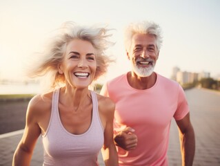 Happy elderly couple on run outside retirees wife and husband enjoy active lifestyle - obrazy, fototapety, plakaty
