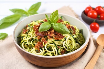a rustic bowl of zoodles topped with sun-dried tomatoes
