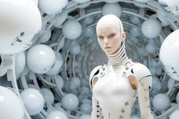 Obraz premium Futuristic white Woman in Transparent Cybernetic Armor with the Background of the Balls, in the Style of Porcelain Fashion of the Future Wallpaper Magazine Background Digital Art Cover Card Poster