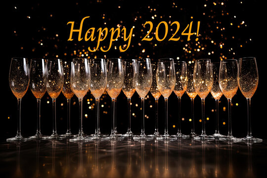 glasses of champagne and text happy 2024 banner fireworks