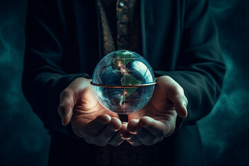 AI. Fragment, a man holds a globe in his hands. World Leadership