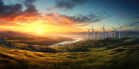 wind turbines in a green field at sunset - obrazy, fototapety, plakaty