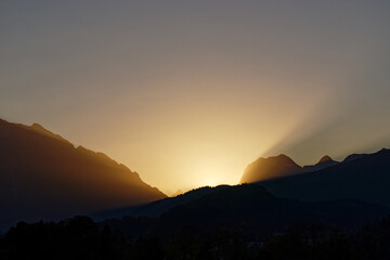 Sunset behind the peaks of the Berchtesgaden Alps, Bavaria, Europe