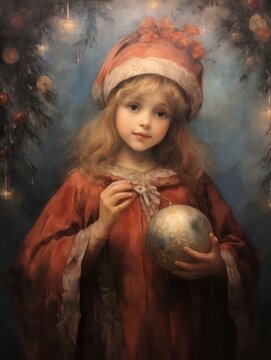 Aesthetic muted color painting of a beautiful young girl, perfect for Christmas and winter-themed wall decor, exuding a vintage yet elegant ambiance.