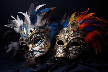 a pair of ornate masquerade masks with feathers
