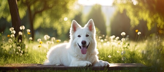 White dog rests at sunny park - obrazy, fototapety, plakaty