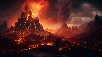 Portray the raw volcanic drama of a lava-spewing volcano, set against the dark night sky, in a highly detailed and epic landscape photograph that embodies the forces shaping our planet.