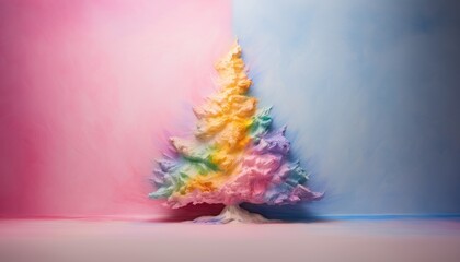Painted Christmas tree on pastel pink background. Creative contemporary artistic idea for New Year. Authentic concept.