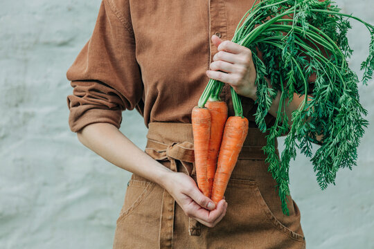 Woman holding bunch of carrot with leaves in front of wall