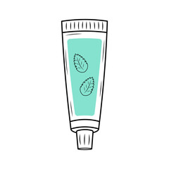 Mint toothpaste tube. Linear doodle illustration with blue shape. Dental care, oral hygiene concept.