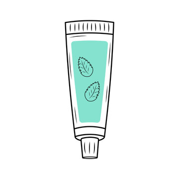 recommend clip art: Mint toothpaste tube. Linear doodle illustration with blue shape. Dental care, oral hygiene concept.