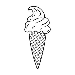 Ice cream in a waffle cone. Street food linear icon. Hand drawn doodle illustration.