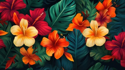Fototapeta na wymiar Tropical flowers, plants, leaves. Vector of an exotic Hawaiian flower pattern for a wallpaper.