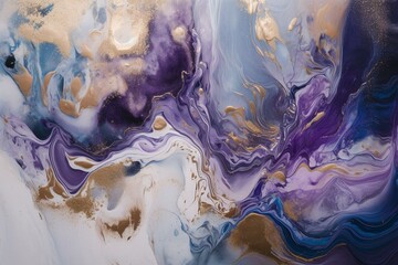 Abstract art with purple and blue tones. Features marble swirls, agate ripples, and a stunning natural background adorned with gold glitter. Generative AI