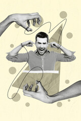 Vertical collage image of stressed mini black white effect guy fingers close ears tied huge arm...