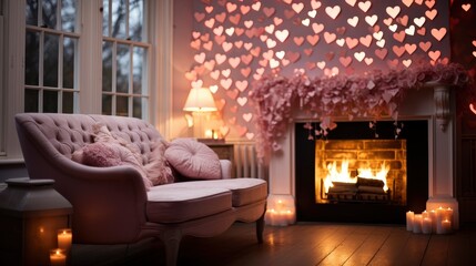 Bright Interior Fireplace Decorated Valentines Day, Background Image, Valentine Background Images, Hd