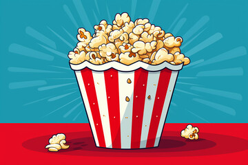 Popcorn in classic striped red white cardboard box in cartoon style for cinema poster. Takeaway fast food in trendy flat style. Restaurant junk food menu. Vector Illustration. © elenarostunova