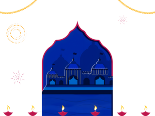 Ayodhya View Or Temple Blue Background Decorated With Lit Oil Lamps (Diya).